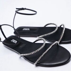 Zara NWT Strappy Black Rhinestone Sandals size 38 / 7.5